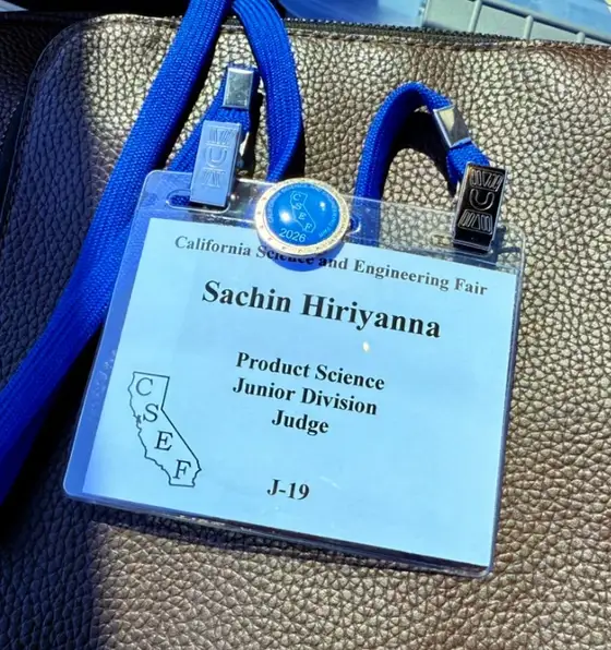 CSEF 2026 judge badge — Sachin Hiriyanna, Product Science, Junior Division, J-19