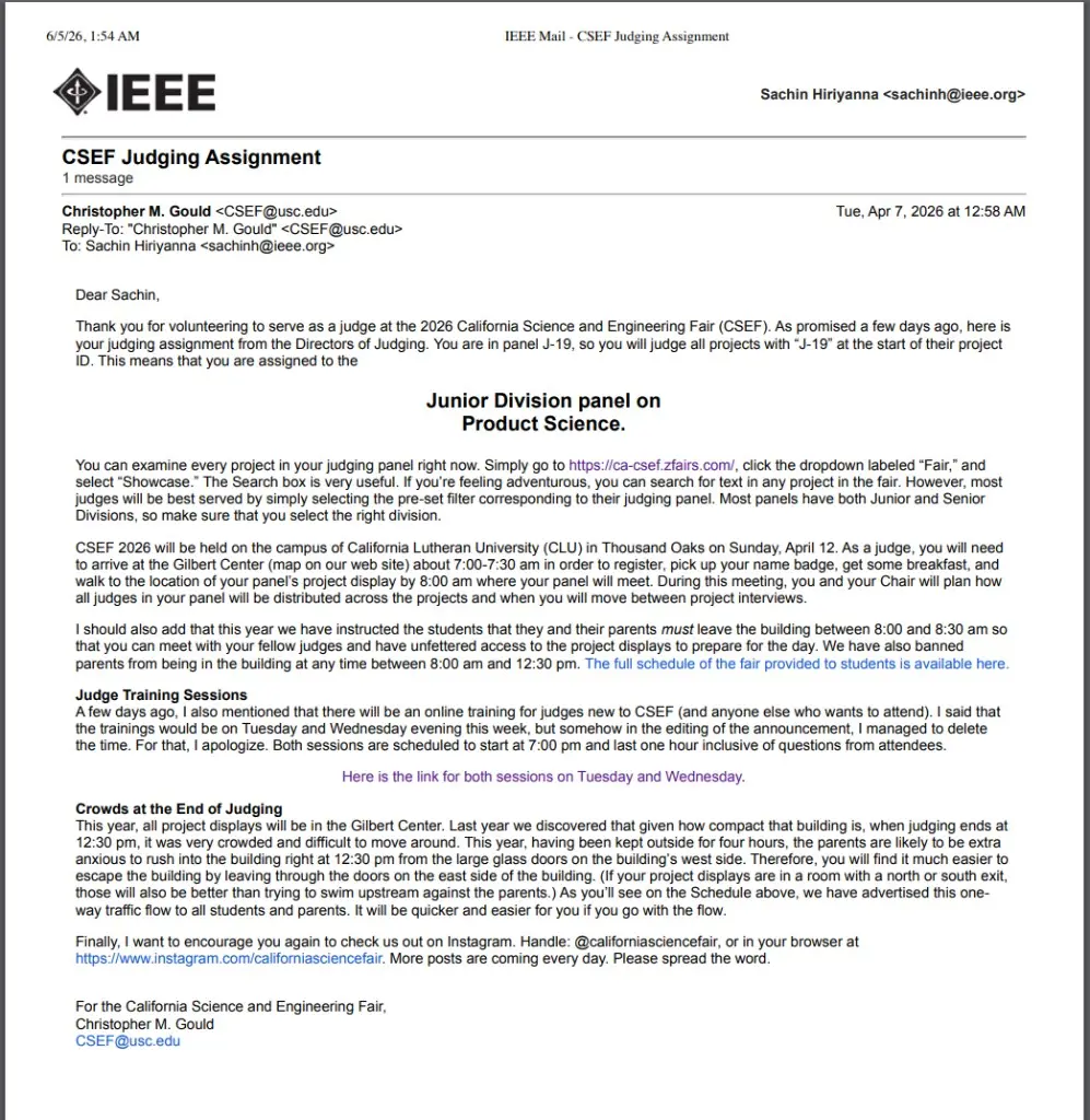 CSEF 2026 judging assignment email — Junior Division Product Science panel (J-19)
