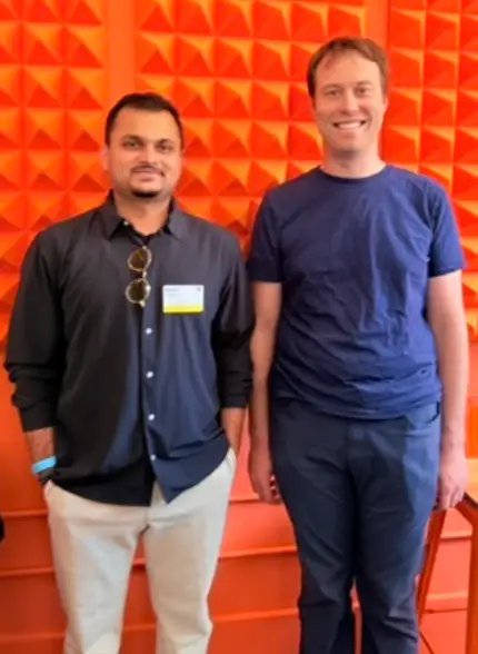 Sachin with Andrew Miklas at the Cactus Voice Agents Hackathon, YC HQ